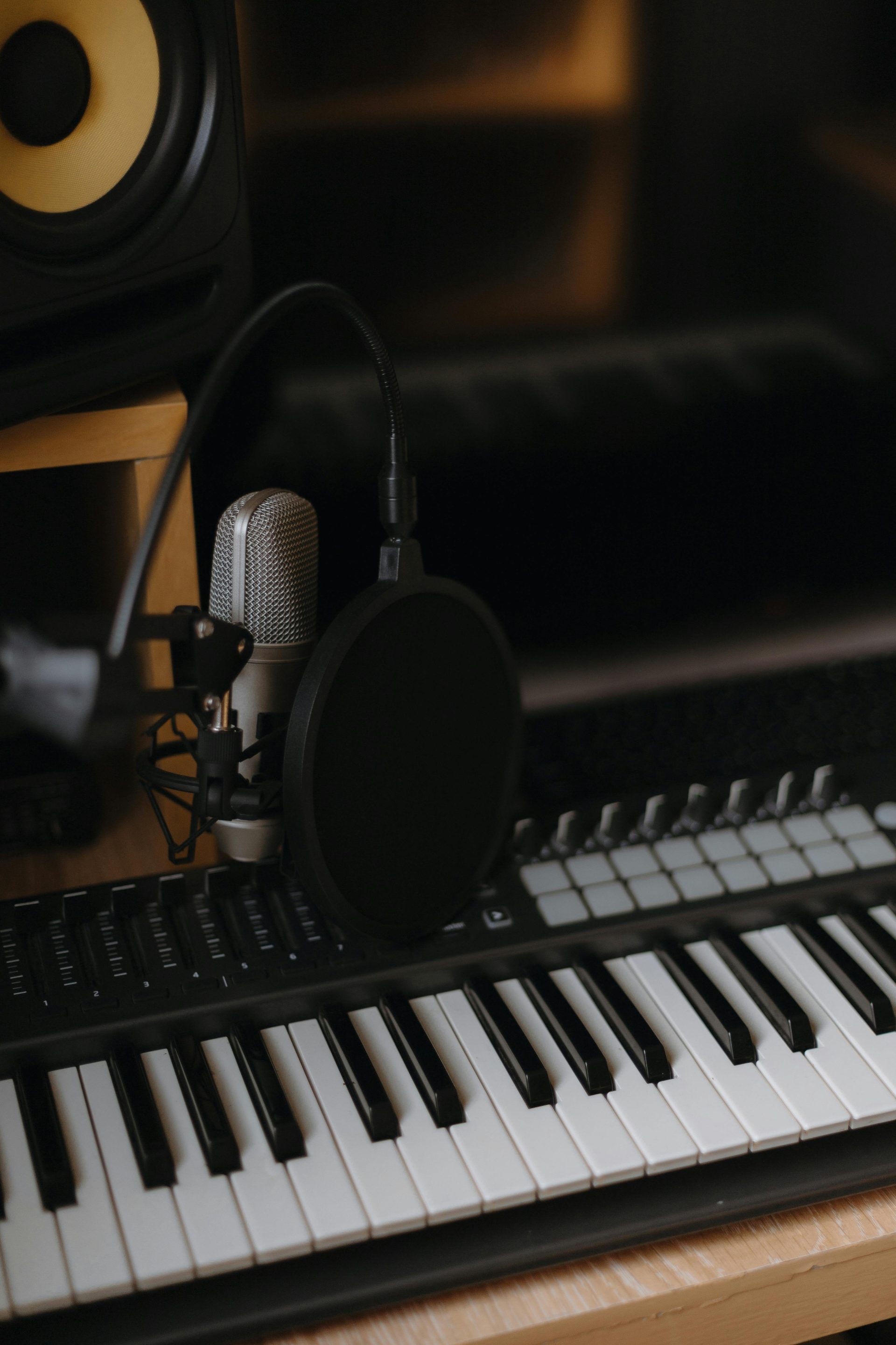 Eine Person, die in einem modernen Studio elektronische Musik mit einem MIDI-Controller und einem Computer erstellt.